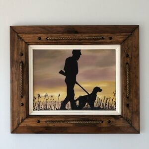 Vintage Painting Silhouette Hunting man with dog in Wooden frame unsigned